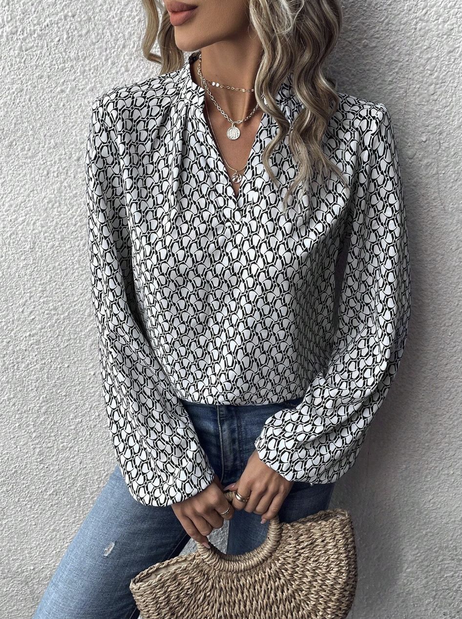 Women's blouse with modern geometric pattern and elegant collar area Ivyshape