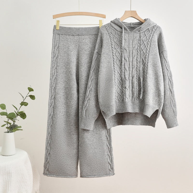 IvyShape | Ribbed knit hoodie sweat jacket and wide-cut pants set