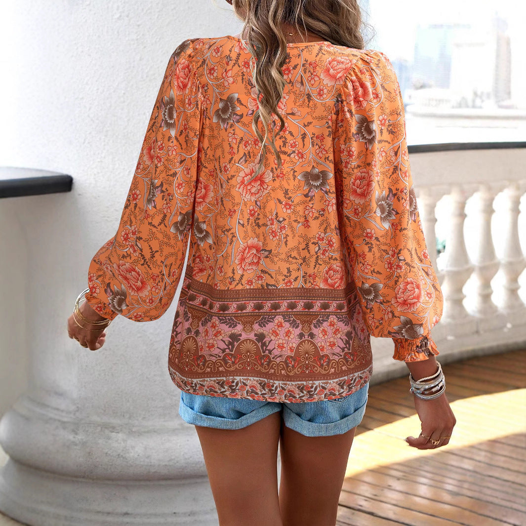 Women airy blouse with floral pattern and elastic waistband Ivyshape