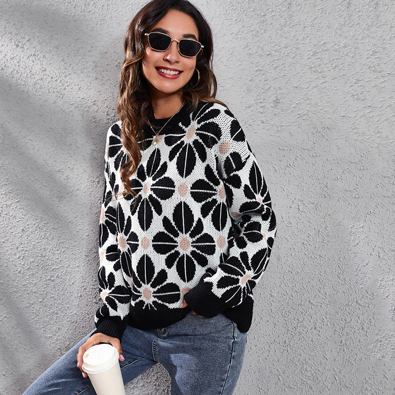 Ladies patterned knit sweater with floral design and high collar Ivyshape