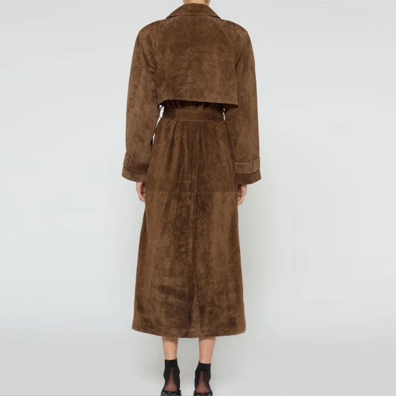 Women Elegant Suede Trench Coat with Tailored Cut and Removable Belt Ivyshape
