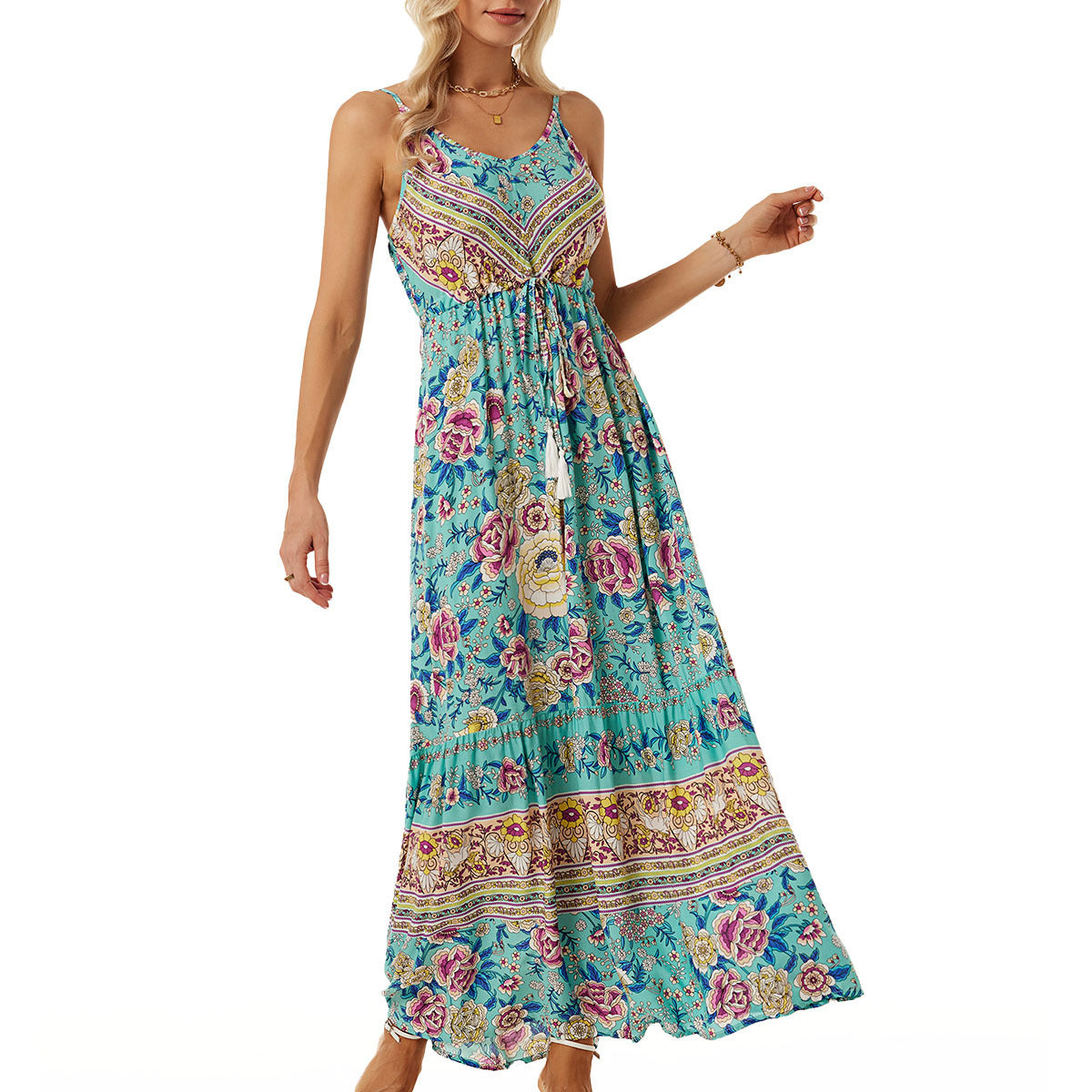 Women's Flower Bohemian Maxi Dress with Adjustable Strap Ivyshape