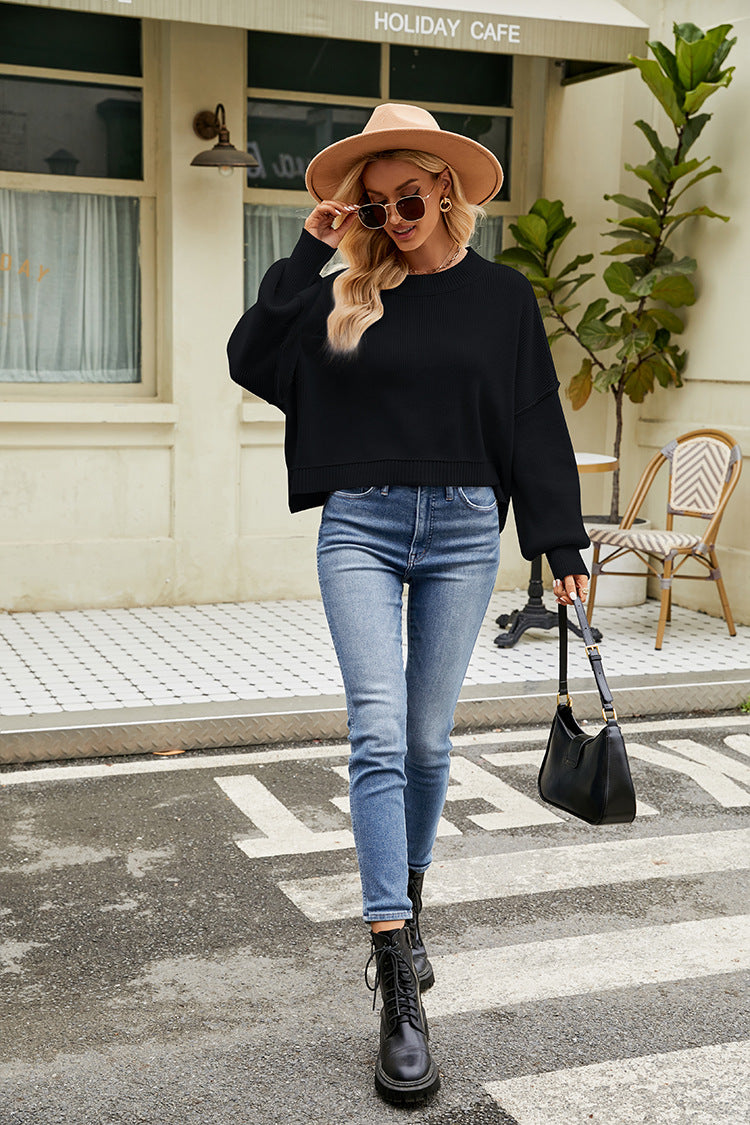 IvyShape | Stylish long-sleeve round neck knit top