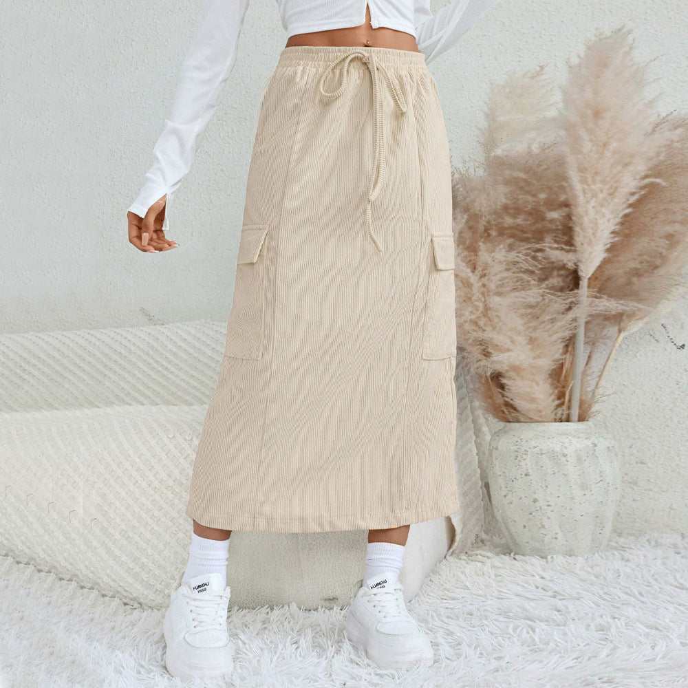 IvyShape | Straight Split Long Skirt Drawstring Utility Half Skirt