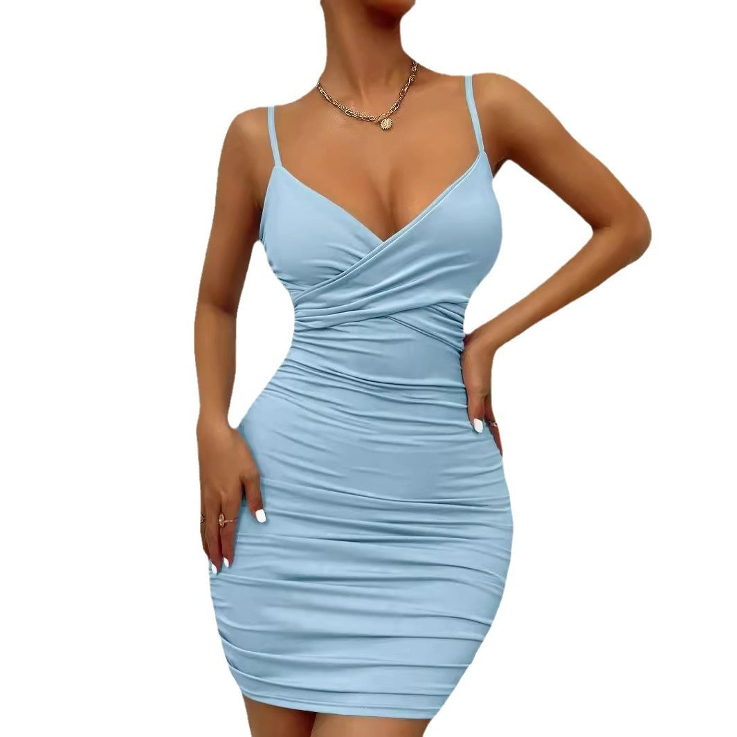 Women's fitted wrap dress with spaghetti straps and gathering Ivyshape