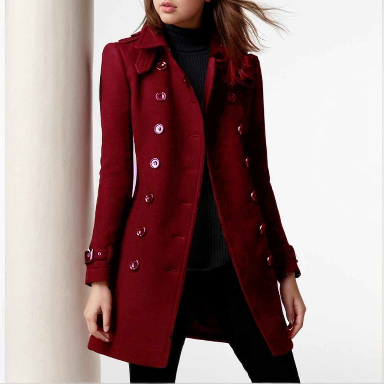 Women elegant transitional coat with double button placket and modern cut Ivyshape