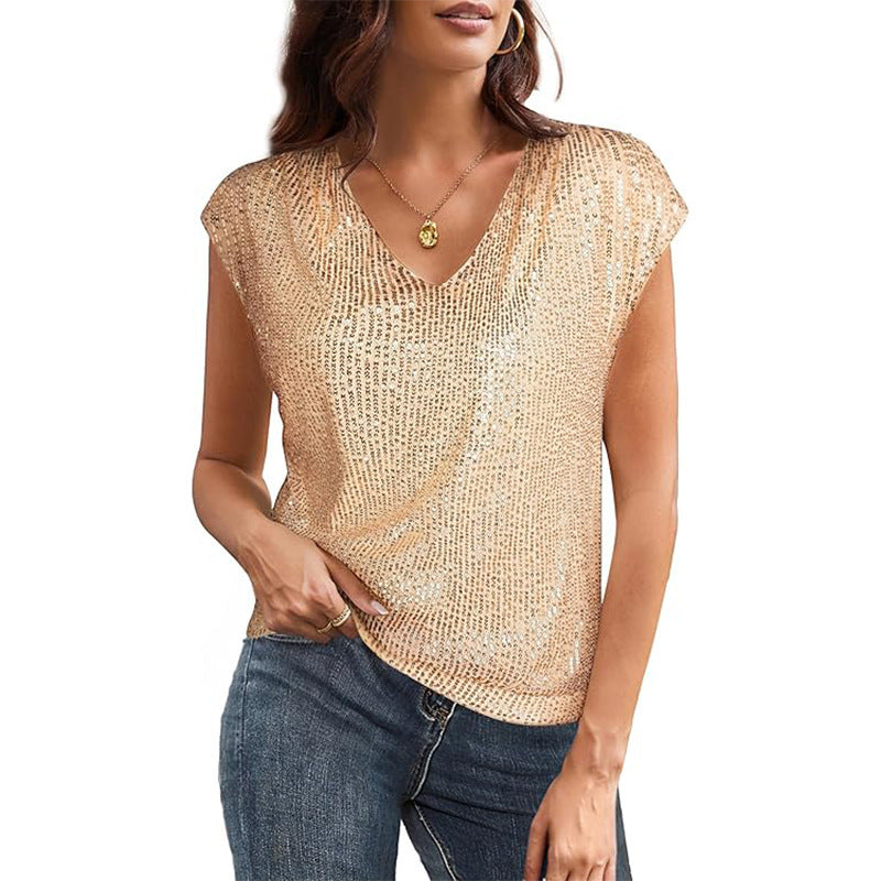 IvyShape | V-Neck Sequined Short Sleeve Shiny Party Vest