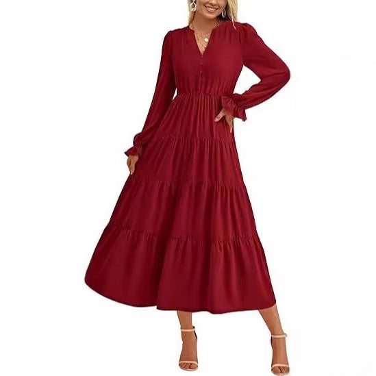 Women's maxi dress with button-decorated front and voluminous sleeves Ivyshape