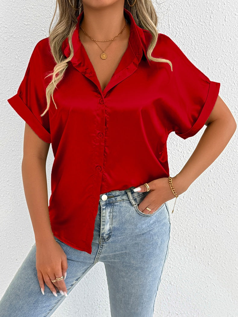 Women's short-sleeve blouse made of high-quality satin with folded collar and button placket Ivyshape