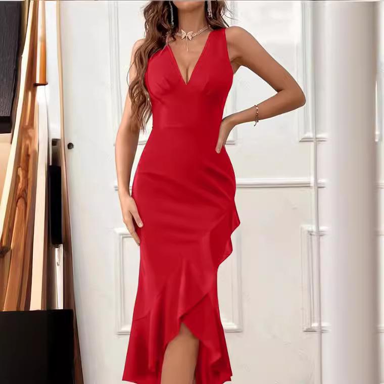 Women Elegant Wrap Dress with Deep V-Neck and Playful Ruffle Hem Ivyshape