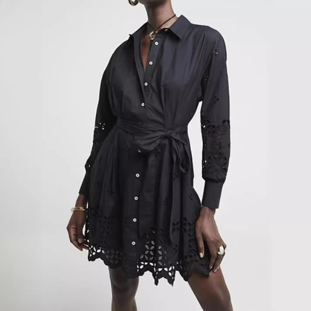 IvyShape | Hollow Embroidered Shirt Collar Tie Dress