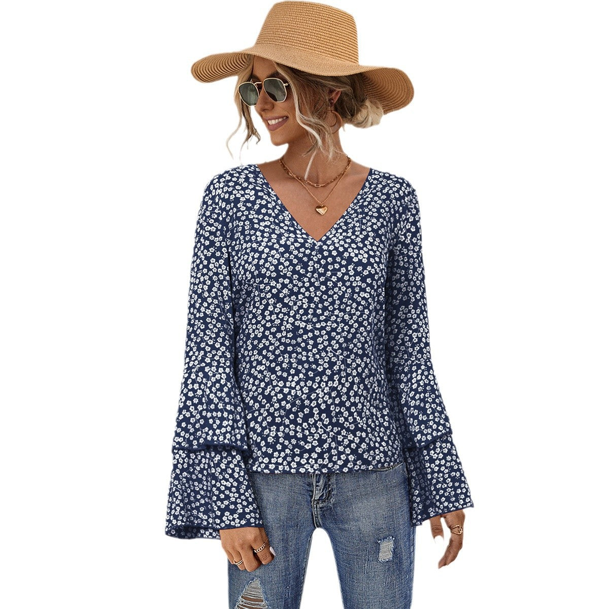 Women's blouse with wide bell sleeves and floral design Ivyshape