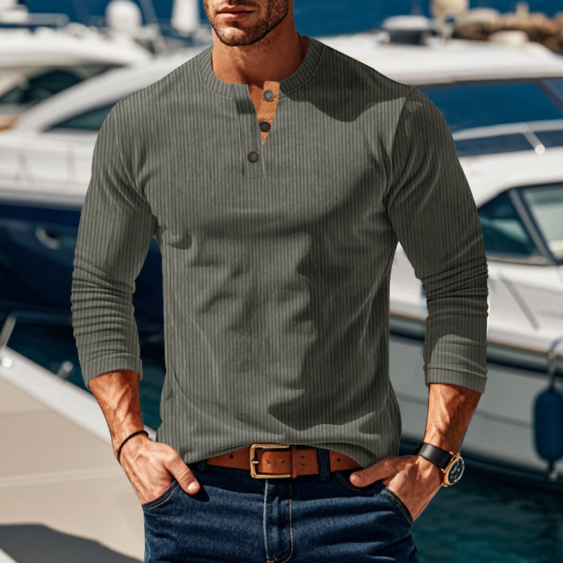 Men's Long Sleeve Henley Shirt with Textured Design and Button Details Ivyshape