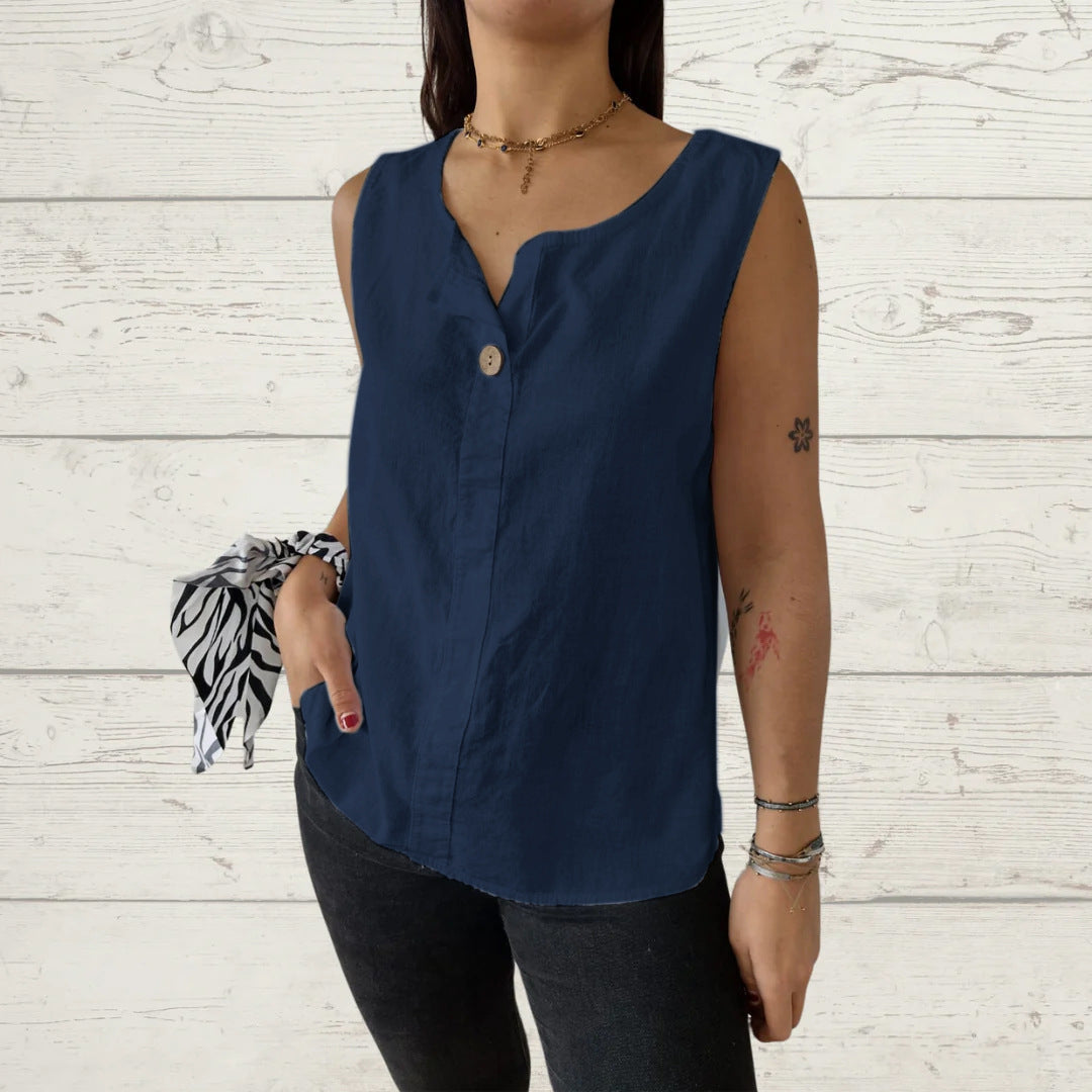 Women Light, Sleeveless Linen Blouse with Button Details Ivyshape