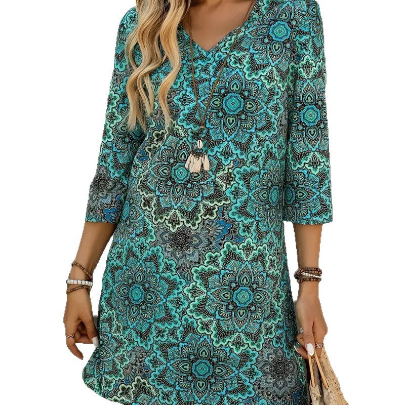 Women's Short Boho Dress with Floral Patterns and Loose Fit Ivyshape