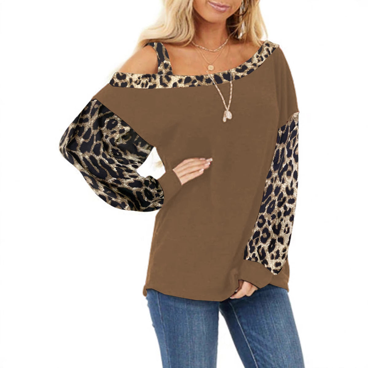 Women's casual top with off-shoulder design and trendy animal print sleeves Ivyshape