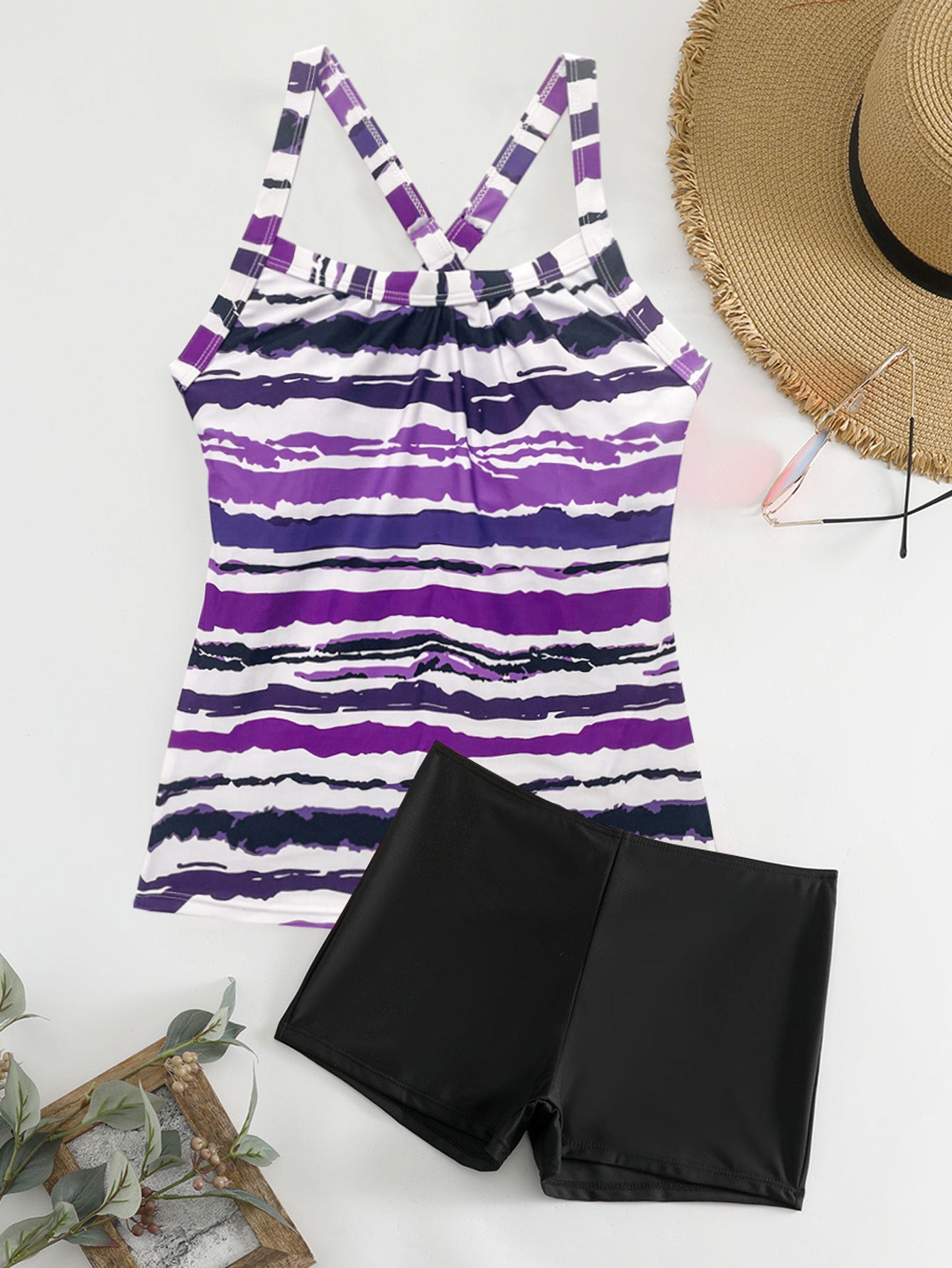 Ladies sporty tankini set with striped top and short-like bottom Ivyshape