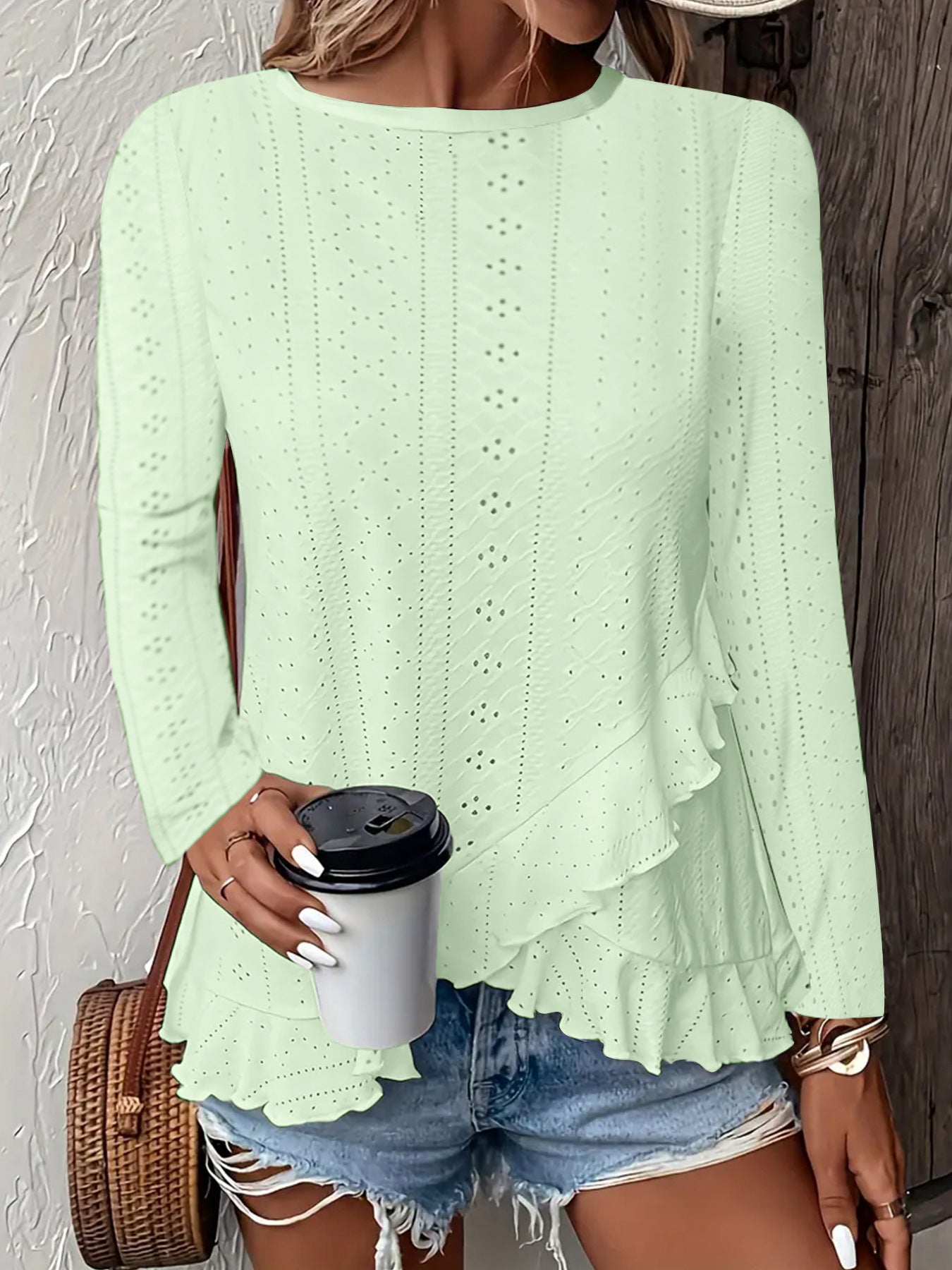 Ladies Elegant and Airy Blouse with Ruffles and Eyelet Pattern Ivyshape
