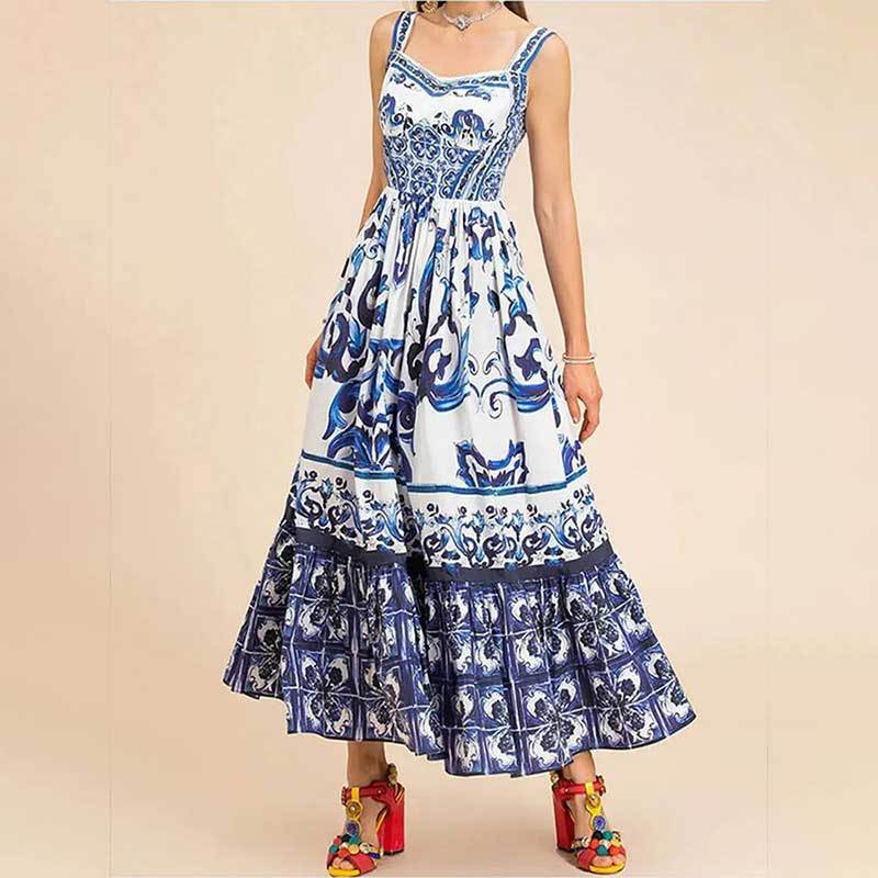 IvyShape | Elegant Printed Spaghetti Strap Flared Midi Dress