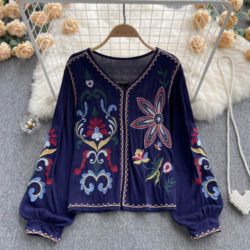 heavy industry embroidered top women's spring and autumn new V-neck loose lantern sleeves ethnic style cotton and linen shirt