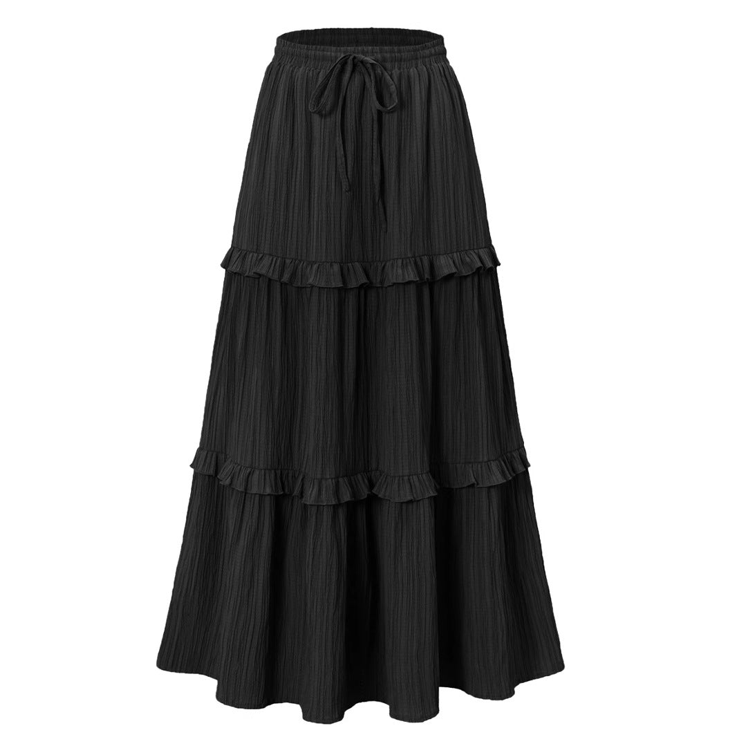 Women's Long Flared Skirt with Ruffles and Elastic Waist Ivyshape
