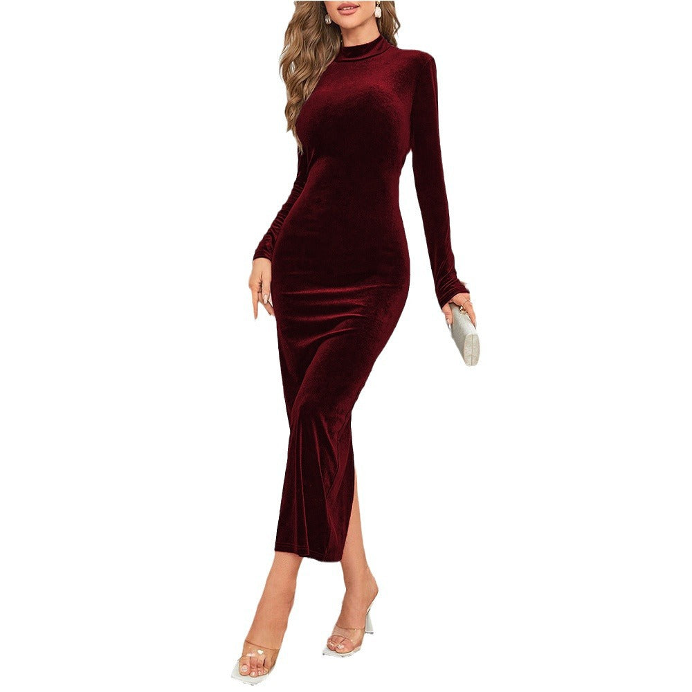 Women Elegant High Collar Velvet Maxi Dress Ivyshape