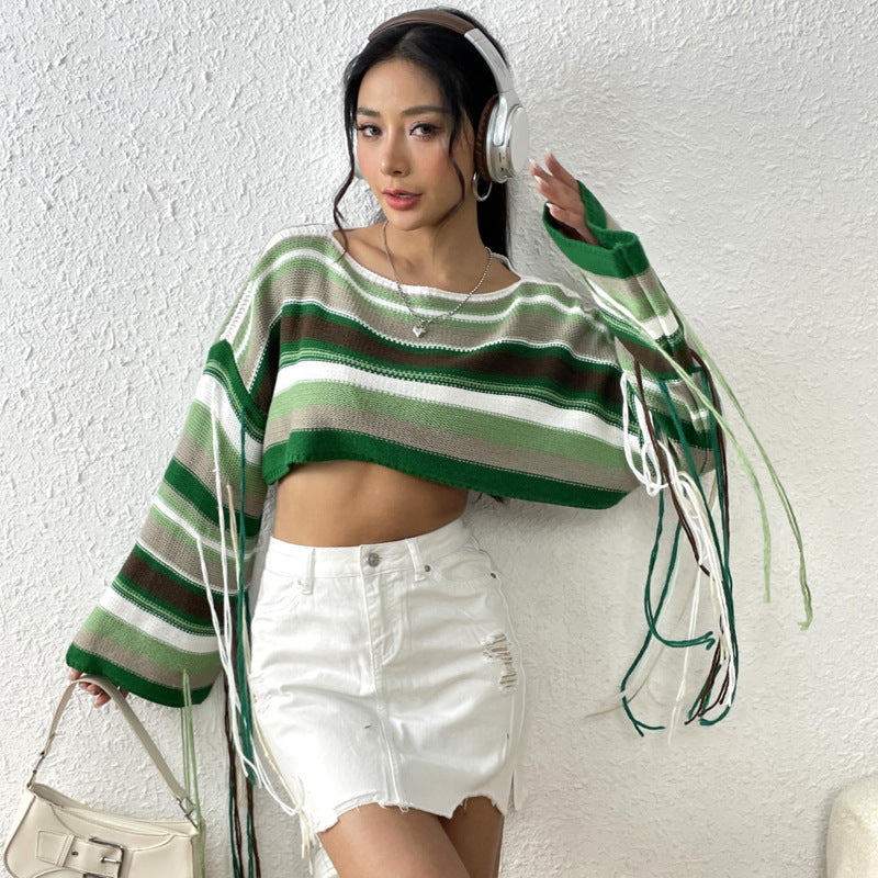 IvyShape | Rainbow striped fringed crop pullover