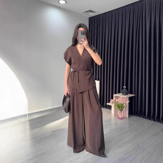 Women Elegant Wrapped Top and Wide Leg Pant Set Ivyshape