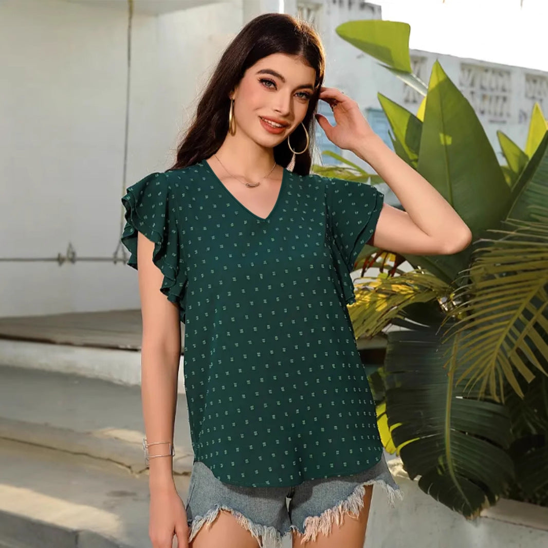 Women Ruffle Sleeve V-Neck Blouse Ivyshape
