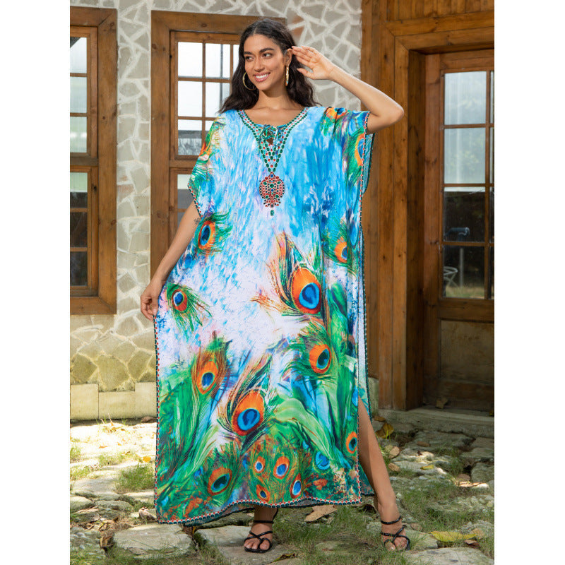Women's beach kaftan with artistic peacock motif and fine details Ivyshape