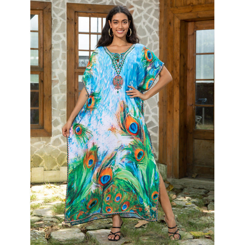 Women's beach kaftan with artistic peacock motif and fine details Ivyshape