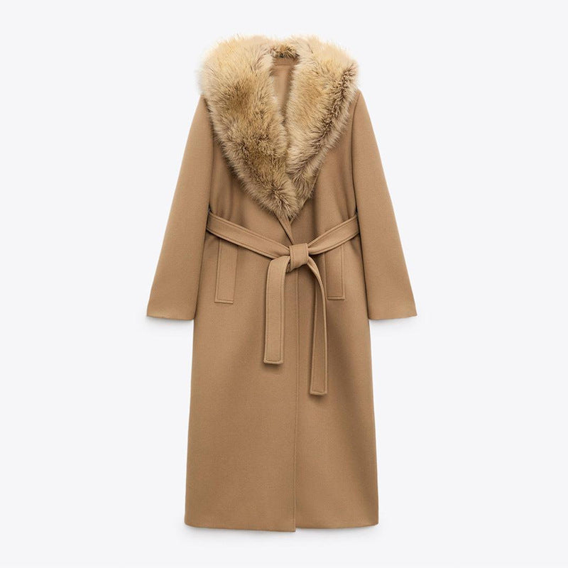 Women Elegant Trench Coat with Cozy Faux Fur Collar and Adjustable Belt Ivyshape