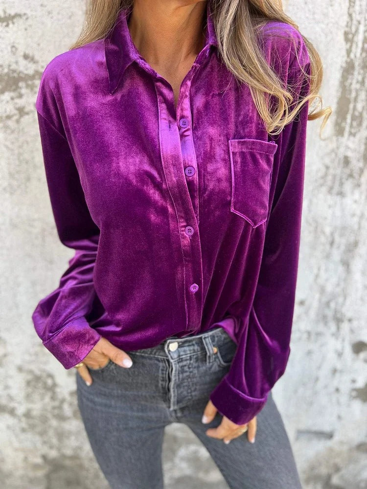 Women's Elegant Velvet Blouse with Classic Shirt Collar and Long Sleeves Ivyshape