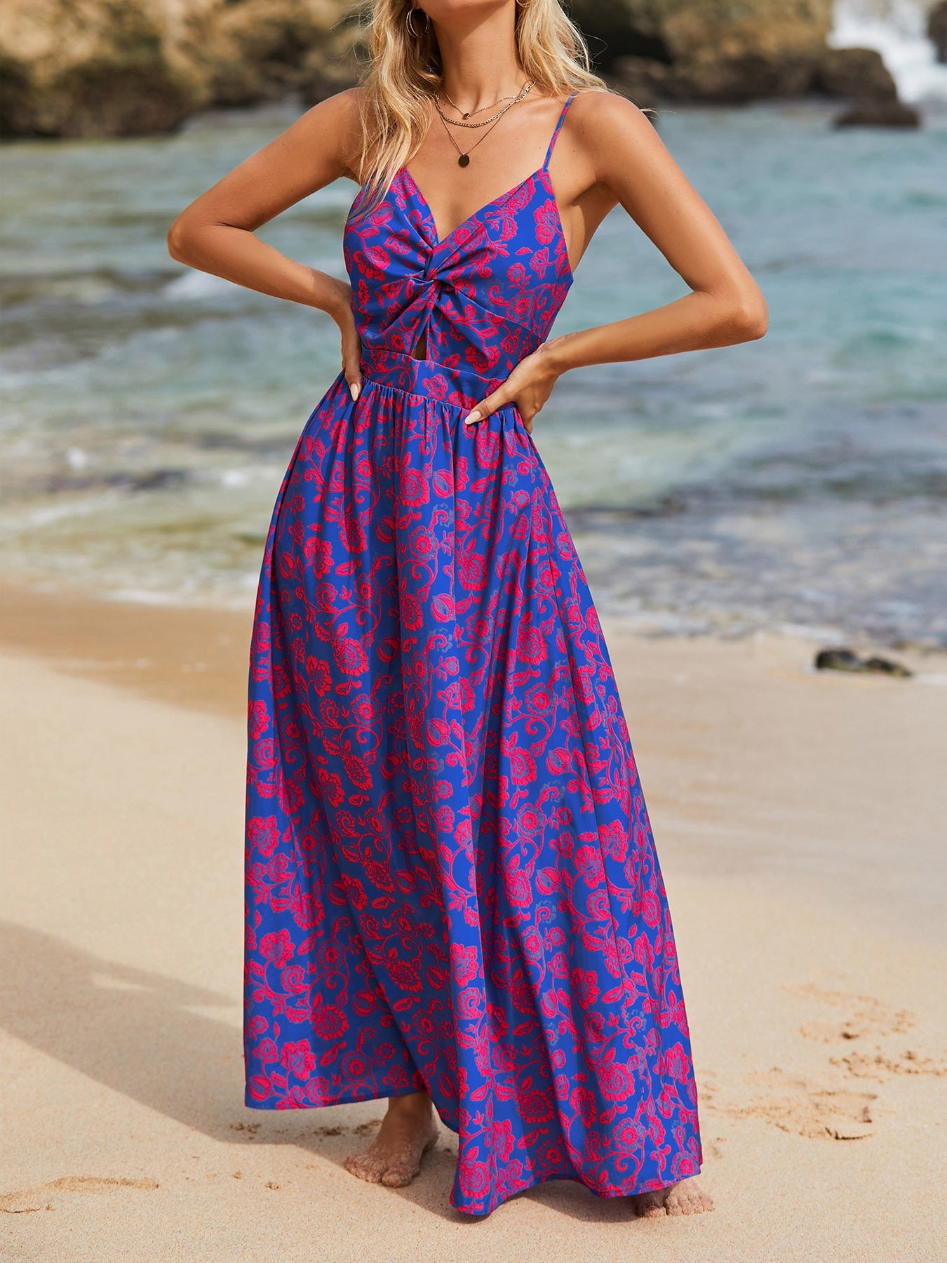 IvyShape | Floral Knot V-Neck Flowing Long Dress