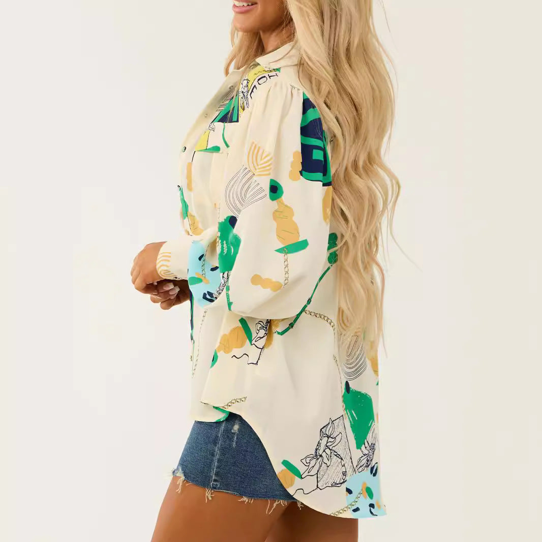 IvyShape | Long Sleeve Abstract Print Loose Versatile Outerwear Shirt