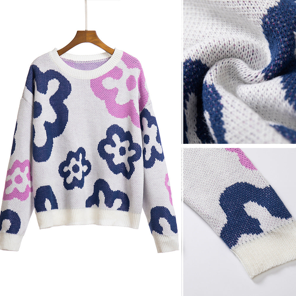 Women's patterned knitted sweater with floral motifs and casual fit Ivyshape