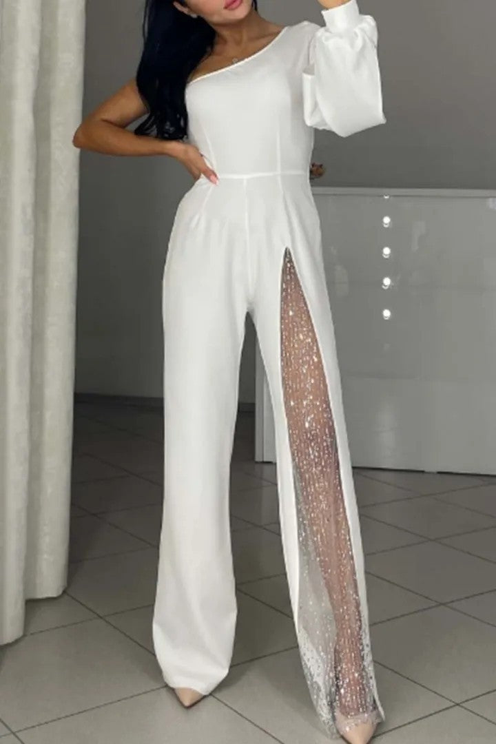 Ladies Elegant Jumpsuit with Transparent Inserts and Sequins Ivyshape