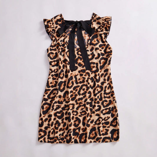 IvyShape | Leopard Print Neckline Tie Flying Sleeve Midi Dress