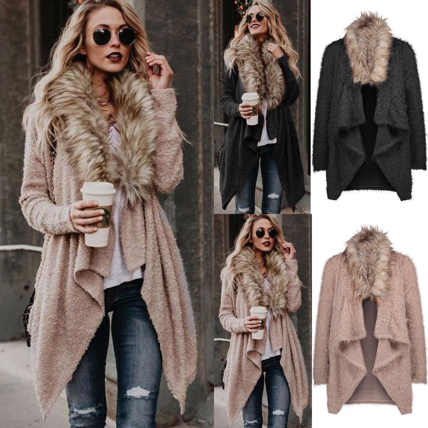 Women's Fluffy Cardigan with Removable Faux Fur Collar Ivyshape