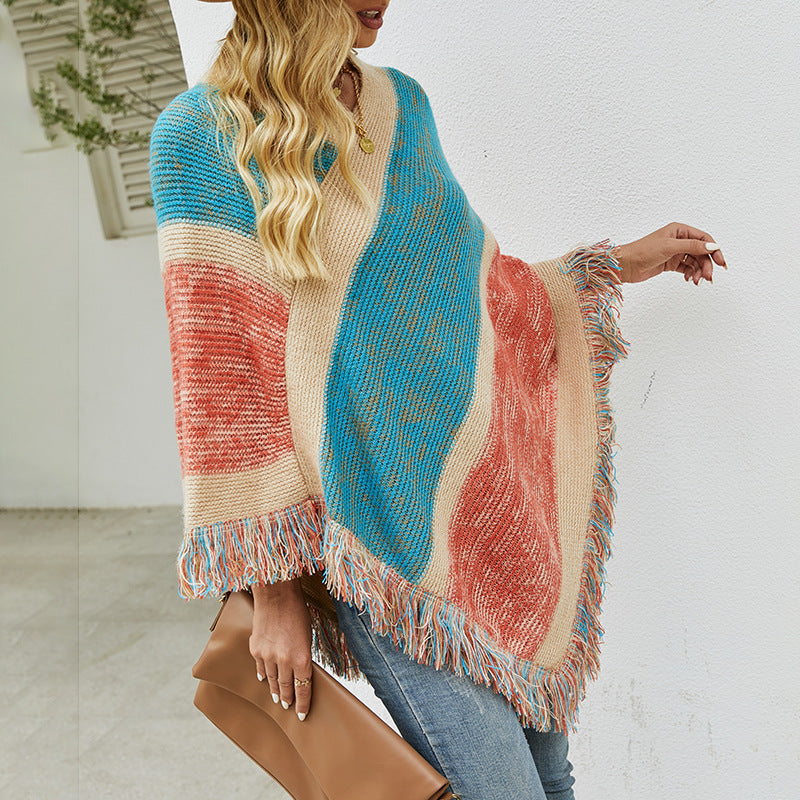 stripe knitted cape fringed cape