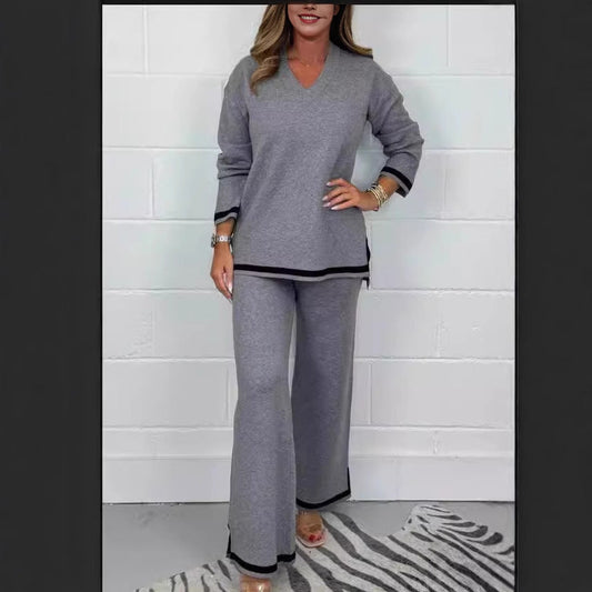 IvyShape | Solid Color Knitted Long Sleeve Pants Set