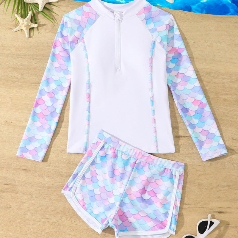 Ladies UV protection swimsuit set with zipper and stylish mermaid pattern Ivyshape