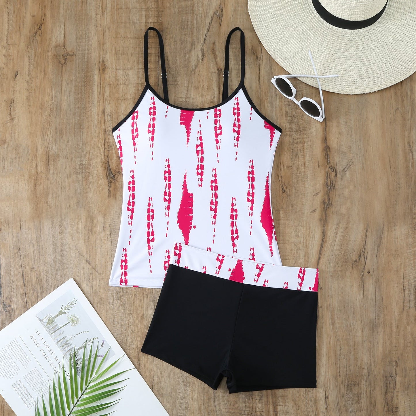 Ladies' Sporty Tankini Set with Fashionable Pattern and High-Waisted Shorts Ivyshape