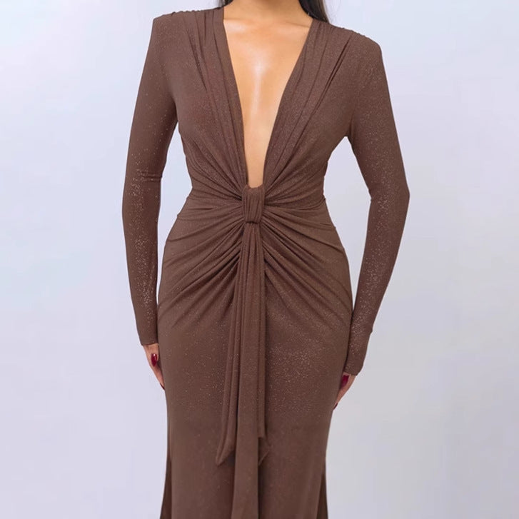 Women Elegant Wrap Dress with Deep V-Neck and Figure-Hugging Design Ivyshape