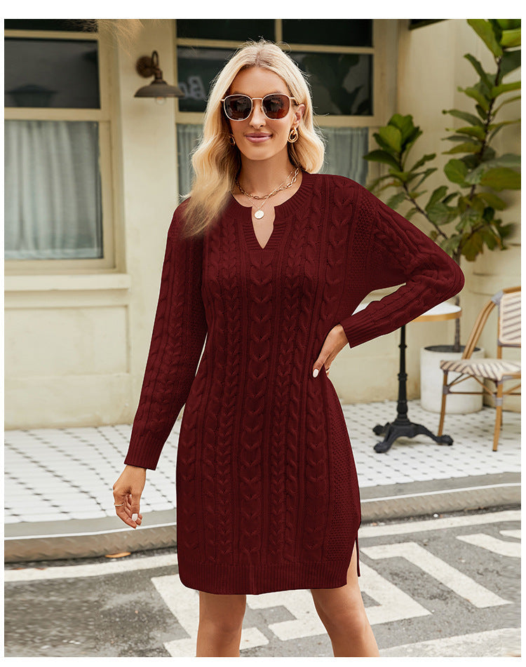 IvyShape | Cable Knit Solid Split Sweater Dress