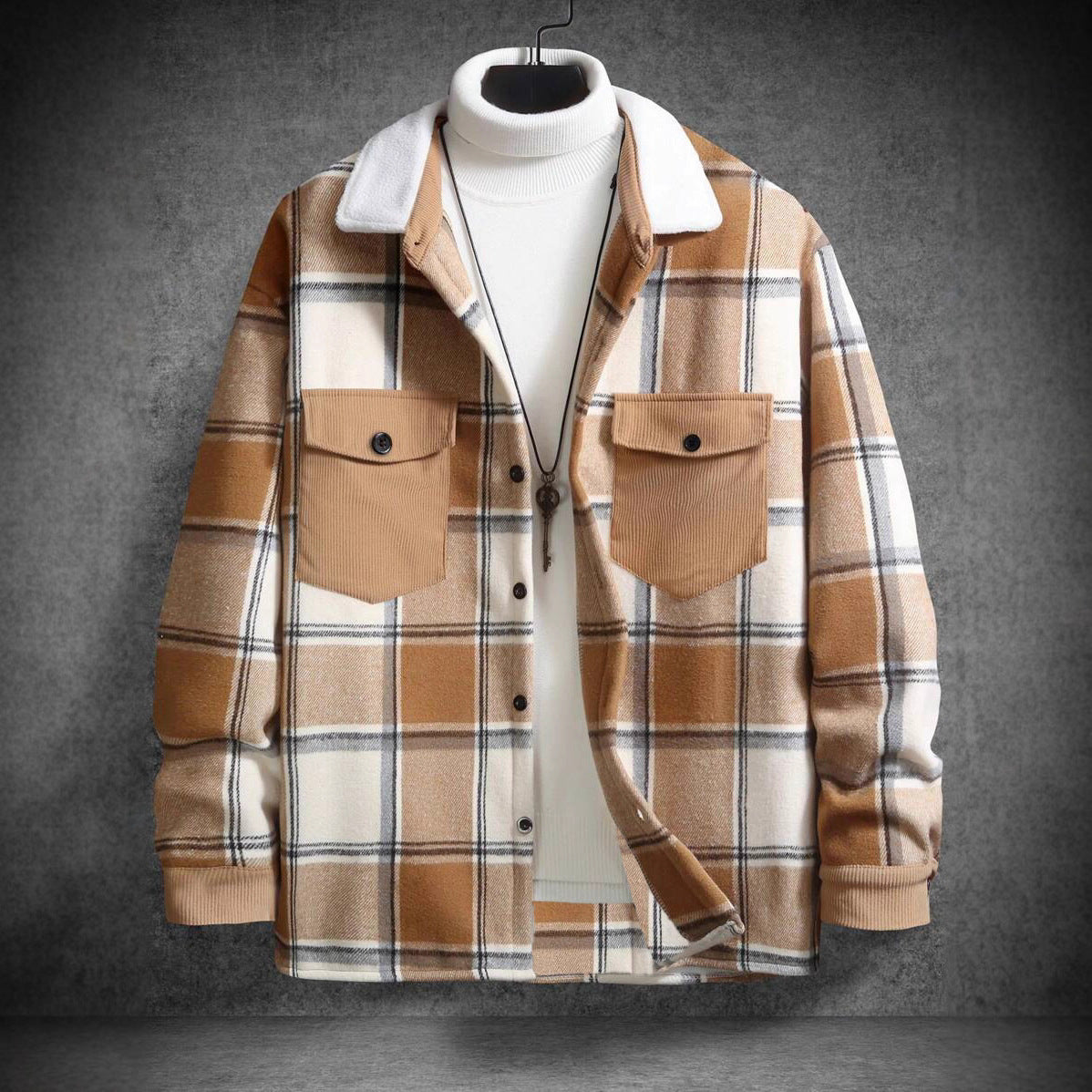 Men's check flannel jacket with two chest pockets and soft collar Ivyshape