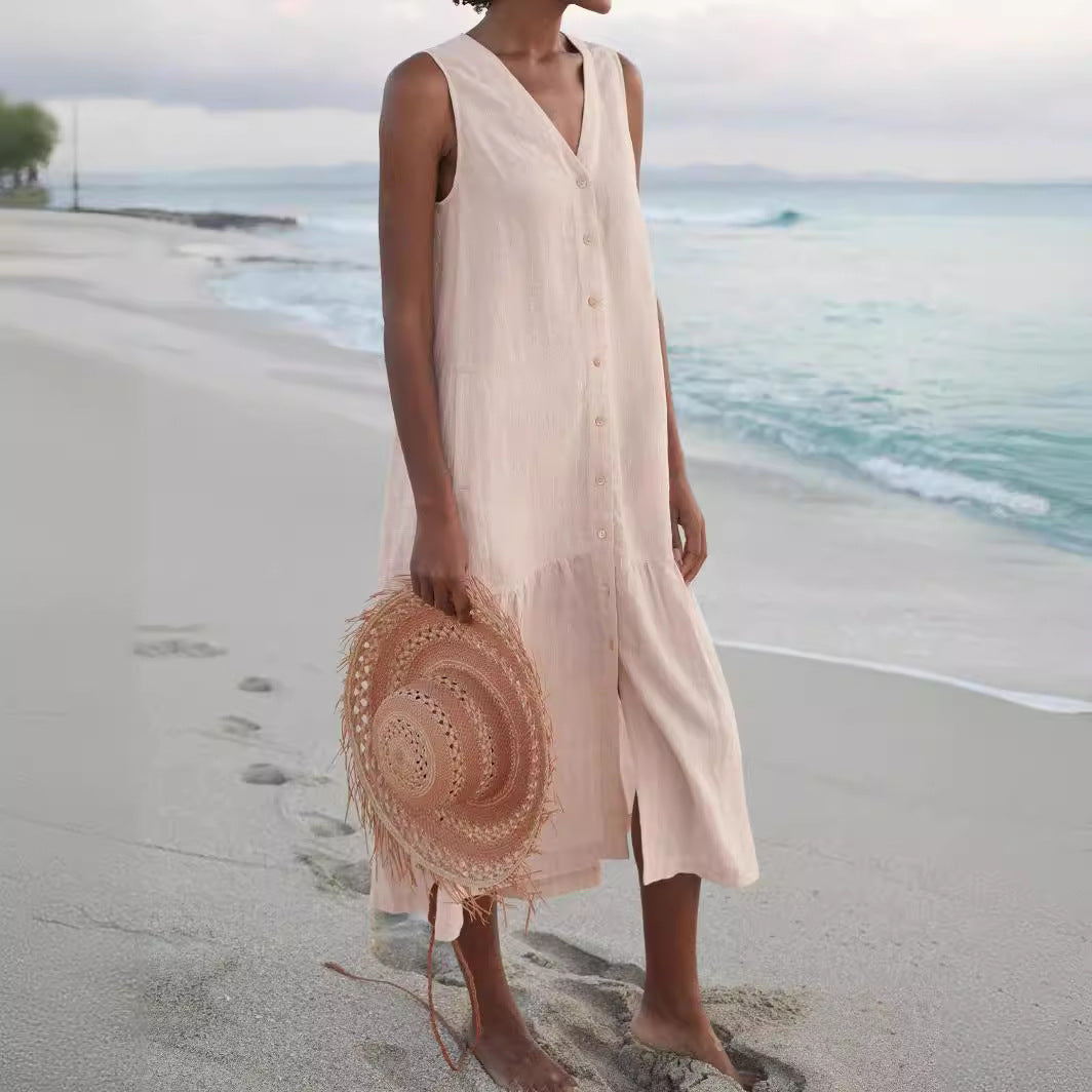 Women's airy maxi dress with button placket and practical pockets Ivyshape