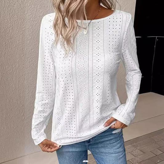 IvyShape | Jacquard Round Neck Casual Long Sleeve Tee Top