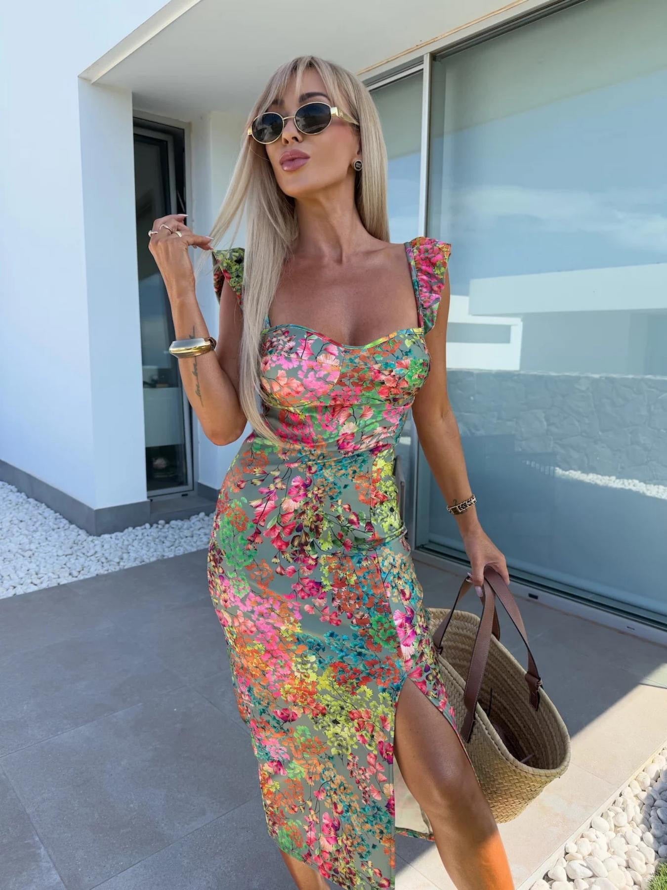 Ladies Floral Pattern Midi Dress with Side Slit Ivyshape