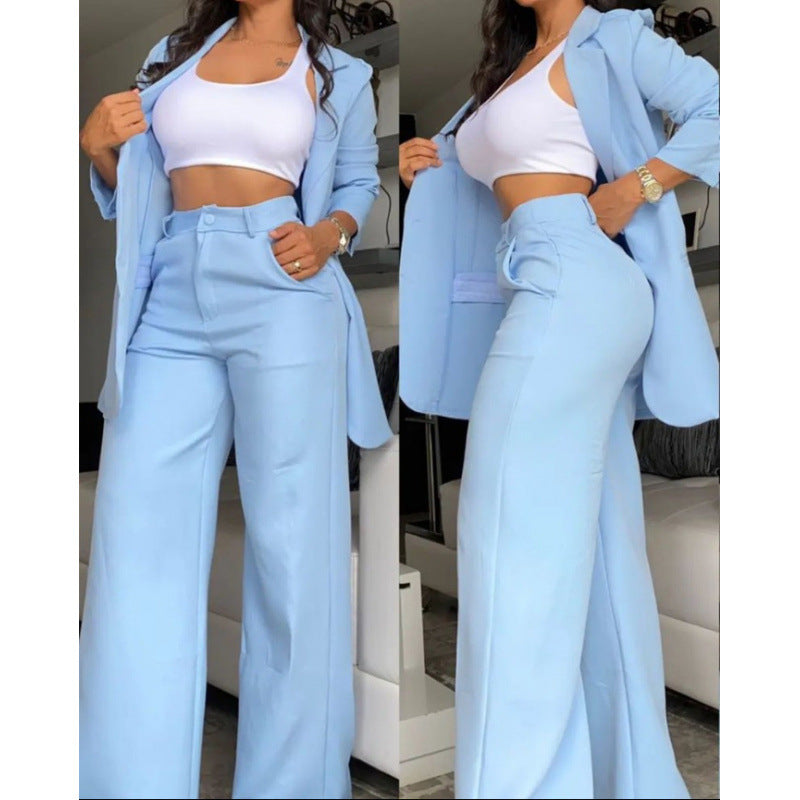 Ladies Elegant Two-Piece Set with Wide Leg Trousers and Tailored Blazer Ivyshape